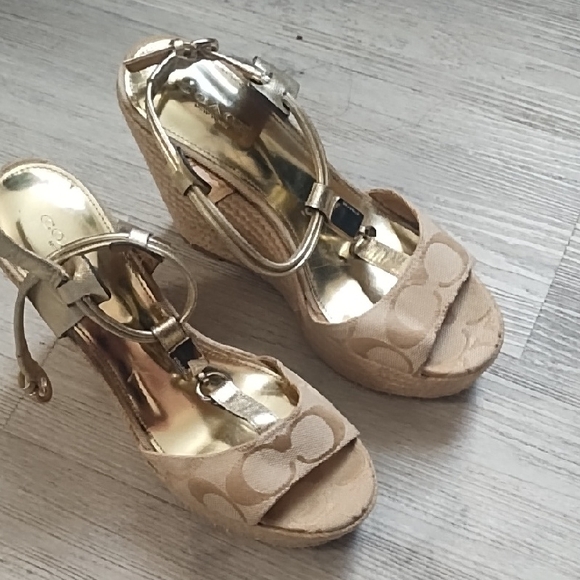 Coach Beige and Gold Wedge Sandals - Picture 1 of 11